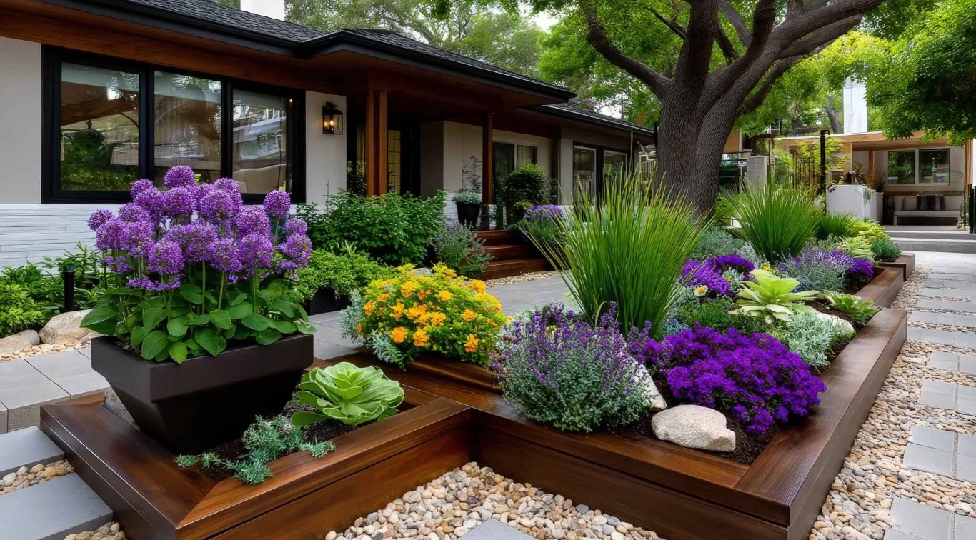 Beautiful raised garden beds with colorful flowers in Compton, CA